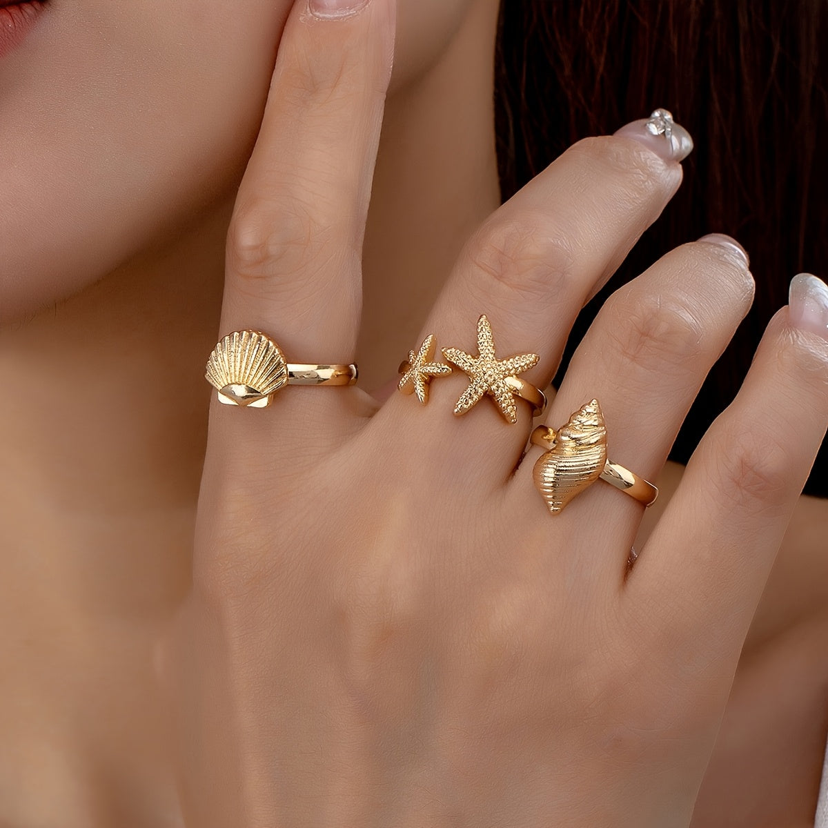 Gold-Tone Sea-Themed Rings with Shells & Starfish
