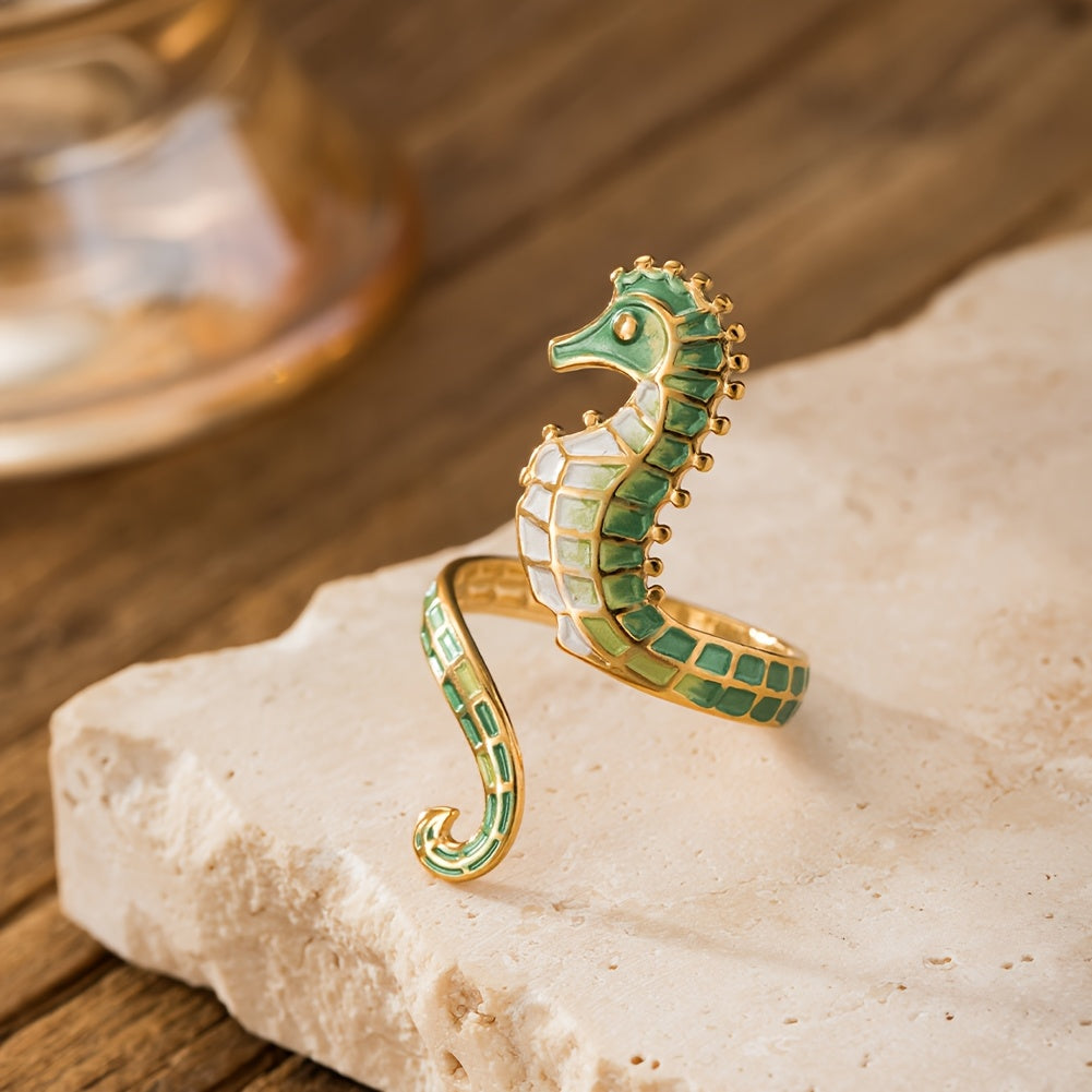 Gold-Tone Seahorse Wrap Ring with Blue Enamel