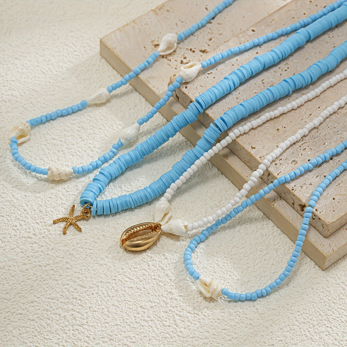 Beachy Blue Layered Necklace with Seashells & Starfish