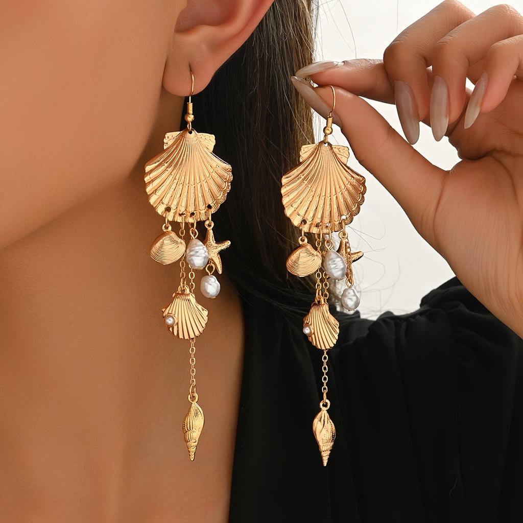 Gold-Tone Seashell & Pearl Starfish Drop Earrings
