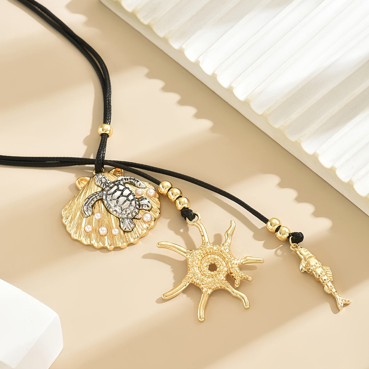 Adjustable Black Cord Lariat Necklace with Gold Ocean Charms