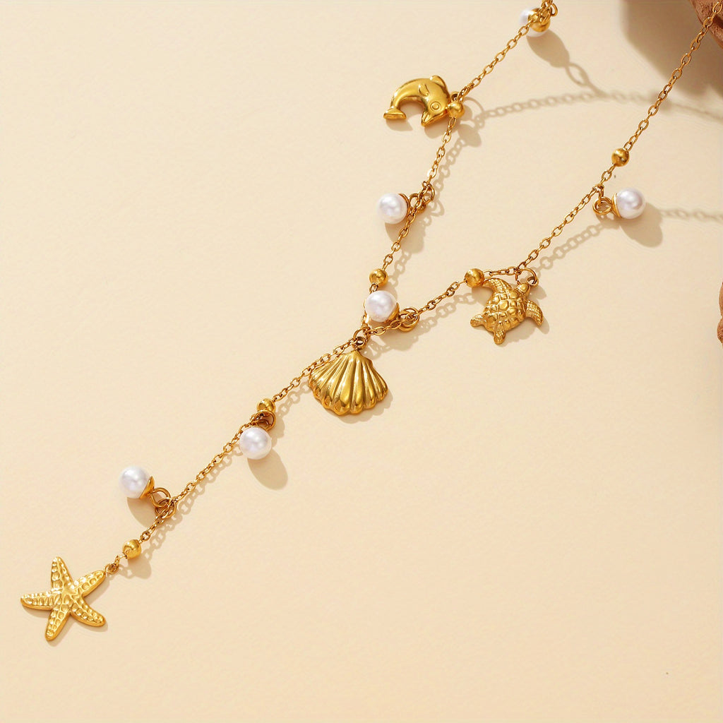 Gold-Tone Sea Charm Necklace with Pearl Drops