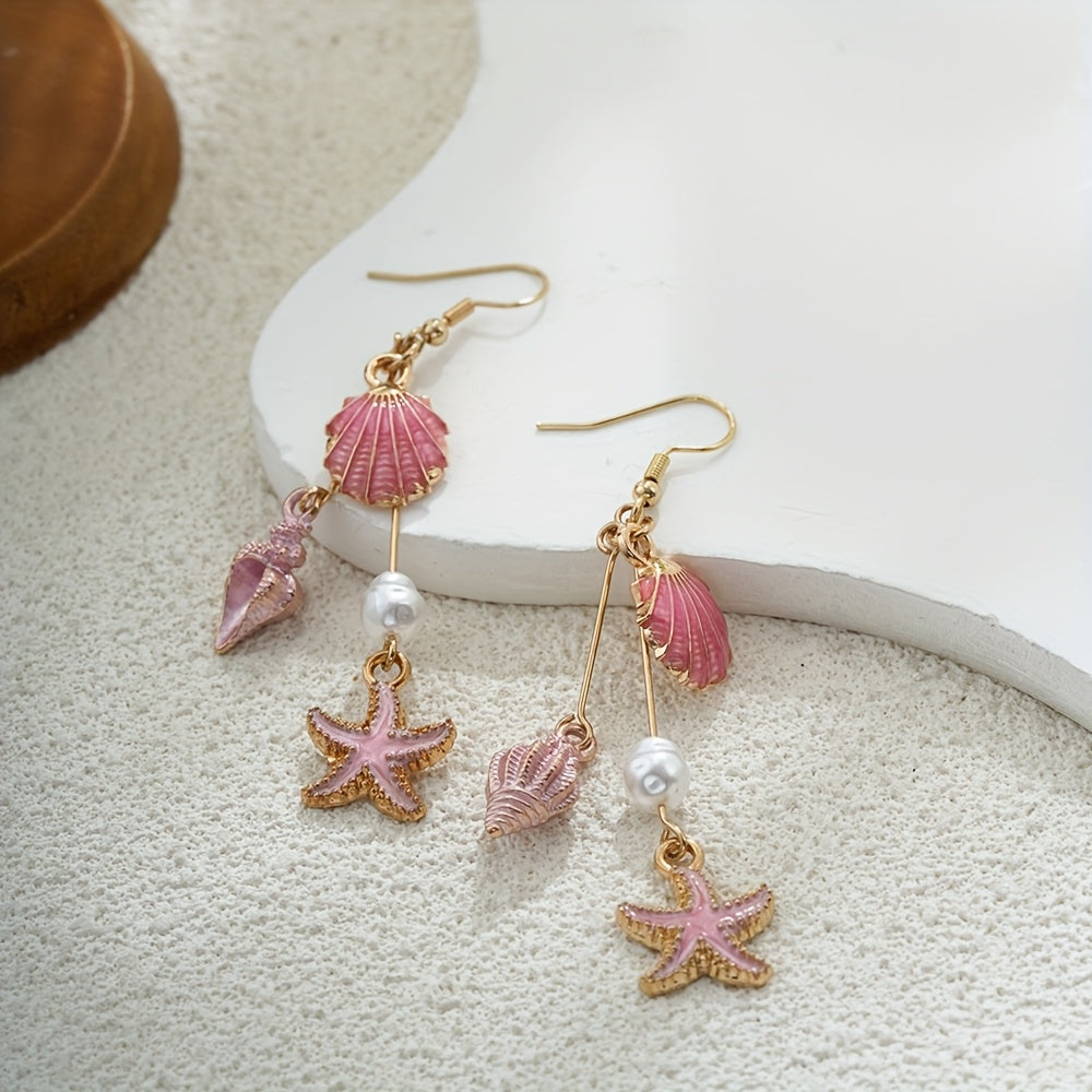 Gold-Tone Enamel Shell Starfish Pearl Drop Earrings