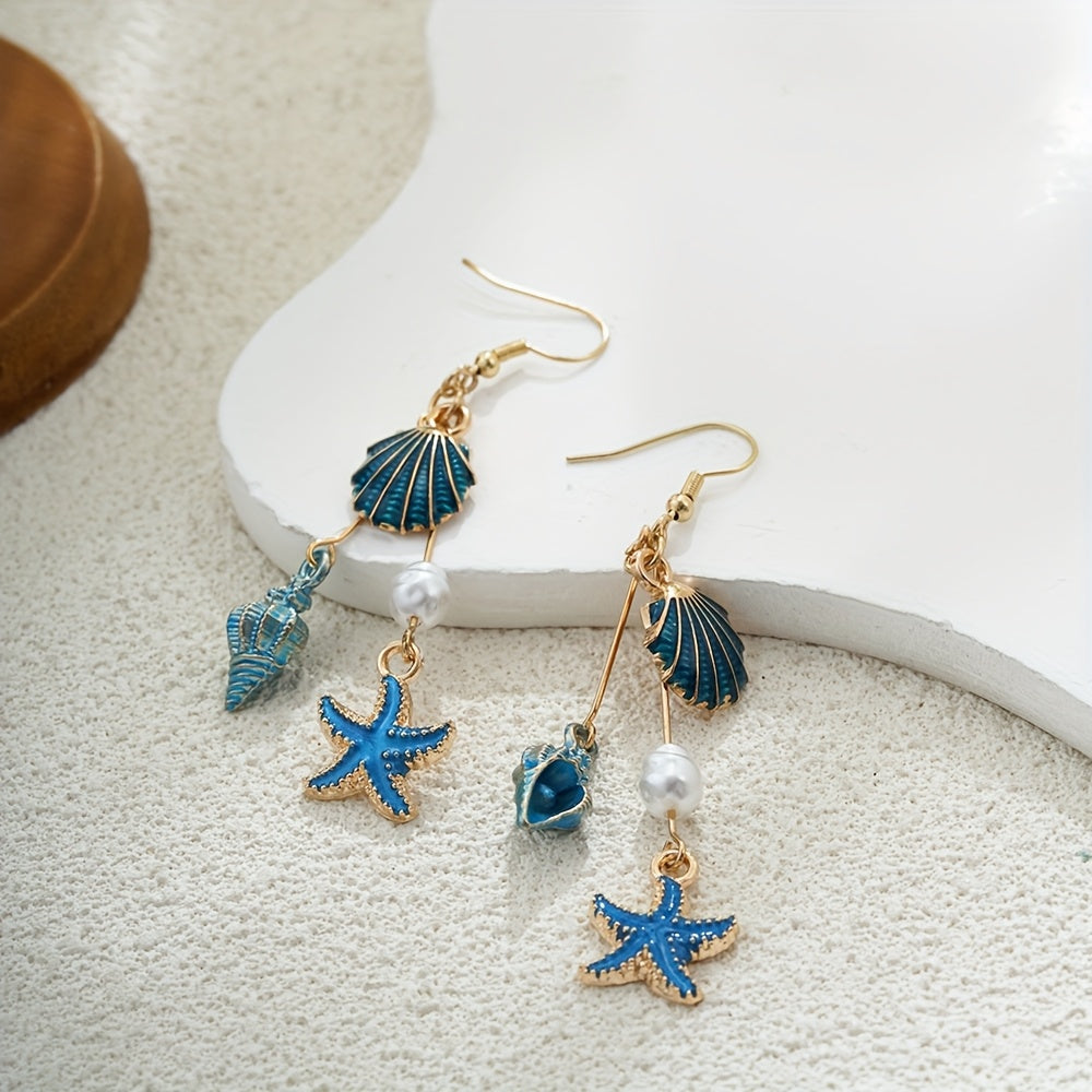 Gold-Tone Enamel Shell Starfish Pearl Drop Earrings