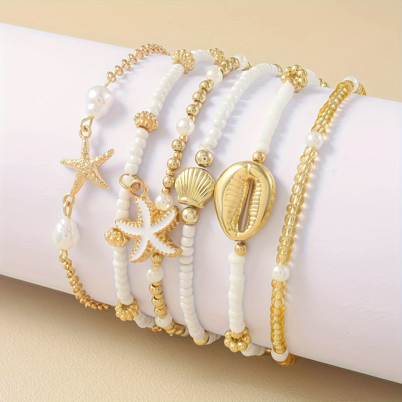 Bohemian Gold & White Beaded Seashell Bracelet Set